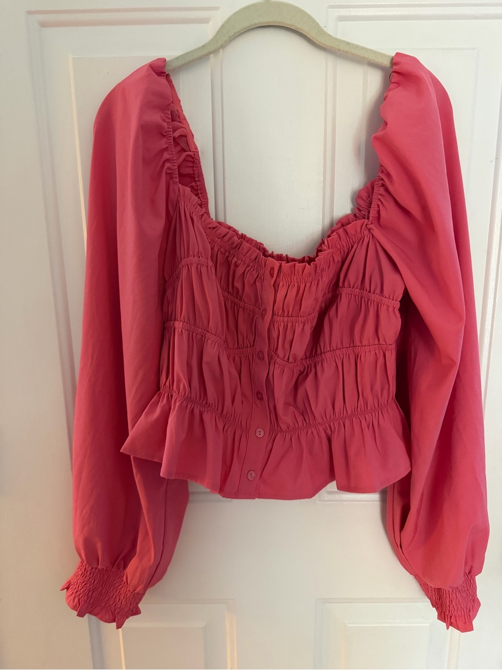 Astr Pink Ruched Peplum Button-Front Blouse